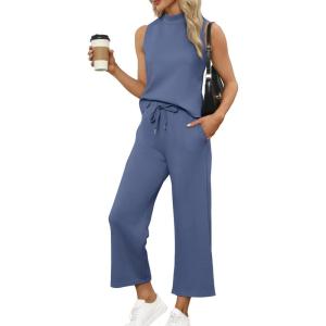 imageSAMPEEL Two Piece Sets for Women Summer Outfits Lounge Sets Mock Neck Tops Wide Leg Crop Pants Vacation Travel OutfitsBlue