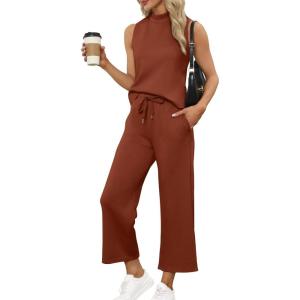 imageSAMPEEL Two Piece Sets for Women Summer Outfits Lounge Sets Mock Neck Tops Wide Leg Crop Pants Vacation Travel OutfitsCaramel