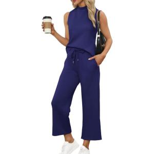 imageSAMPEEL Two Piece Sets for Women Summer Outfits Lounge Sets Mock Neck Tops Wide Leg Crop Pants Vacation Travel OutfitsDark Blue