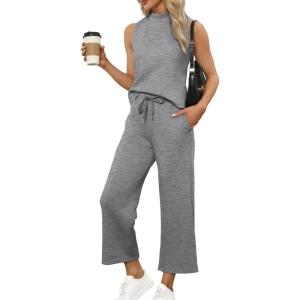imageSAMPEEL Two Piece Sets for Women Summer Outfits Lounge Sets Mock Neck Tops Wide Leg Crop Pants Vacation Travel OutfitsGray