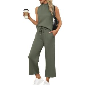 imageSAMPEEL Two Piece Sets for Women Summer Outfits Lounge Sets Mock Neck Tops Wide Leg Crop Pants Vacation Travel OutfitsGreen