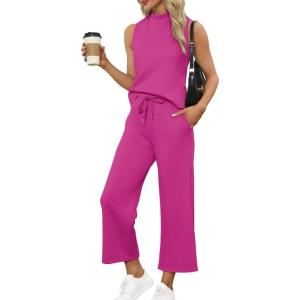 imageSAMPEEL Two Piece Sets for Women Summer Outfits Lounge Sets Mock Neck Tops Wide Leg Crop Pants Vacation Travel OutfitsHot Pink