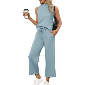 imageSAMPEEL Two Piece Sets for Women Summer Outfits Lounge Sets Mock Neck Tops Wide Leg Crop Pants Vacation Travel OutfitsLake Blue