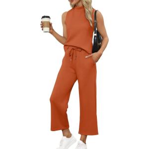 imageSAMPEEL Two Piece Sets for Women Summer Outfits Lounge Sets Mock Neck Tops Wide Leg Crop Pants Vacation Travel OutfitsOrange