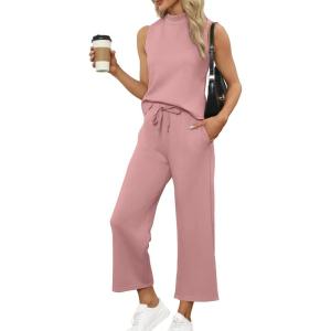 imageSAMPEEL Two Piece Sets for Women Summer Outfits Lounge Sets Mock Neck Tops Wide Leg Crop Pants Vacation Travel OutfitsPink