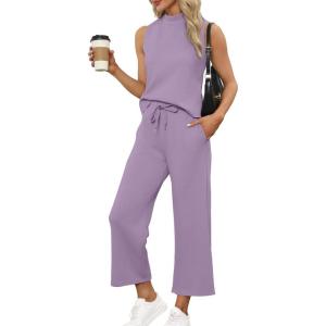 imageSAMPEEL Two Piece Sets for Women Summer Outfits Lounge Sets Mock Neck Tops Wide Leg Crop Pants Vacation Travel OutfitsPurple