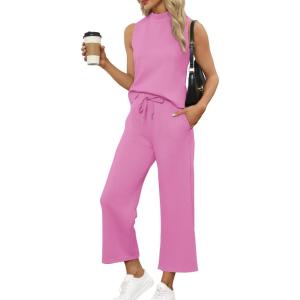 imageSAMPEEL Two Piece Sets for Women Summer Outfits Lounge Sets Mock Neck Tops Wide Leg Crop Pants Vacation Travel OutfitsRose Pink