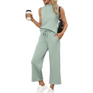 imageSAMPEEL Two Piece Sets for Women Summer Outfits Lounge Sets Mock Neck Tops Wide Leg Crop Pants Vacation Travel OutfitsSage Green