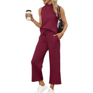 imageSAMPEEL Two Piece Sets for Women Summer Outfits Lounge Sets Mock Neck Tops Wide Leg Crop Pants Vacation Travel OutfitsWine Red