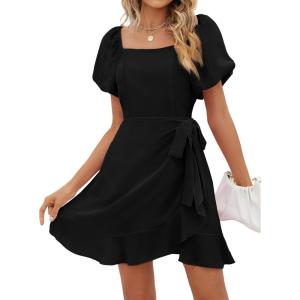 imageSAMPEEL Womens Summer Dresses Square Neck Puff Sleeve Tie Waist Short DressBlack