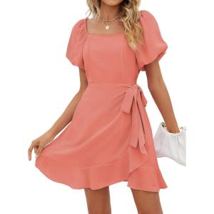 imageSAMPEEL Womens Summer Dresses Square Neck Puff Sleeve Tie Waist Short DressCoral