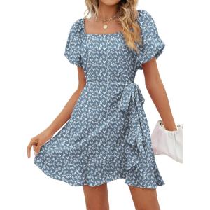 imageSAMPEEL Womens Summer Dresses Square Neck Puff Sleeve Tie Waist Short DressFloral Blue