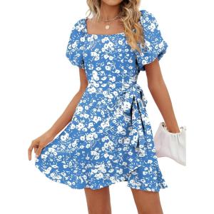 imageSAMPEEL Womens Summer Dresses Square Neck Puff Sleeve Tie Waist Short DressFloral Blue White