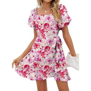 imageSAMPEEL Womens Summer Dresses Square Neck Puff Sleeve Tie Waist Short DressFloral Red
