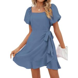imageSAMPEEL Womens Summer Dresses Square Neck Puff Sleeve Tie Waist Short DressHaze Blue