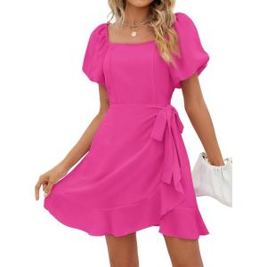 imageSAMPEEL Womens Summer Dresses Square Neck Puff Sleeve Tie Waist Short DressHot Pink