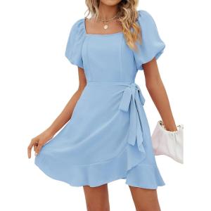 imageSAMPEEL Womens Summer Dresses Square Neck Puff Sleeve Tie Waist Short DressLight Blue