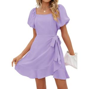 imageSAMPEEL Womens Summer Dresses Square Neck Puff Sleeve Tie Waist Short DressLight Purple