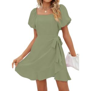 imageSAMPEEL Womens Summer Dresses Square Neck Puff Sleeve Tie Waist Short DressMoss