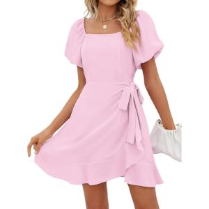 imageSAMPEEL Womens Summer Dresses Square Neck Puff Sleeve Tie Waist Short DressPink