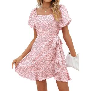imageSAMPEEL Womens Summer Dresses Square Neck Puff Sleeve Tie Waist Short DressPink Leopard