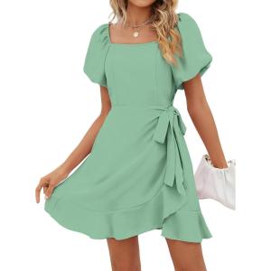 imageSAMPEEL Womens Summer Dresses Square Neck Puff Sleeve Tie Waist Short DressPretty Green