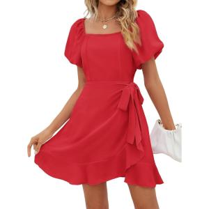 imageSAMPEEL Womens Summer Dresses Square Neck Puff Sleeve Tie Waist Short DressRed