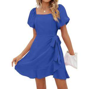 imageSAMPEEL Womens Summer Dresses Square Neck Puff Sleeve Tie Waist Short DressRoyal Blue