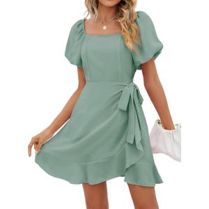 imageSAMPEEL Womens Summer Dresses Square Neck Puff Sleeve Tie Waist Short DressSage Green