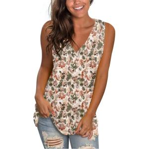 imageSAMPEEL Womens Summer Tank Tops Basic Tanks V Neck Sleeveless T Shirts Side Split170yellow Floral