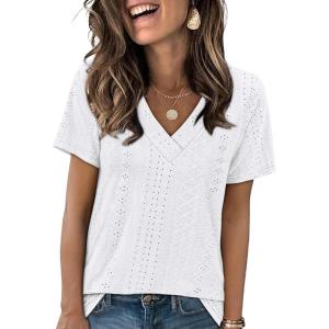imageSAMPEEL Womens Summer Tops Trendy 2025 Eyelet Crossed V Neck T Shirts Loose Casual Short Sleeve Tshirts Shirts FashionAll White