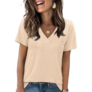 imageSAMPEEL Womens Summer Tops Trendy 2025 Eyelet Crossed V Neck T Shirts Loose Casual Short Sleeve Tshirts Shirts FashionBeige