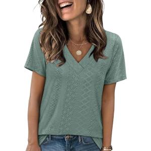 imageSAMPEEL Womens Summer Tops Trendy 2025 Eyelet Crossed V Neck T Shirts Loose Casual Short Sleeve Tshirts Shirts FashionClassic Green