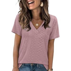 imageSAMPEEL Womens Summer Tops Trendy 2025 Eyelet Crossed V Neck T Shirts Loose Casual Short Sleeve Tshirts Shirts FashionDusty Pink