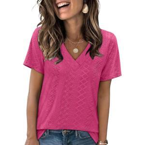 imageSAMPEEL Womens Summer Tops Trendy 2025 Eyelet Crossed V Neck T Shirts Loose Casual Short Sleeve Tshirts Shirts FashionHot Pink