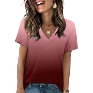 imageSAMPEEL Womens Summer Tops Trendy 2025 Eyelet Crossed V Neck T Shirts Loose Casual Short Sleeve Tshirts Shirts FashionOmbre Burgundy