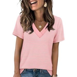 imageSAMPEEL Womens Summer Tops Trendy 2025 Eyelet Crossed V Neck T Shirts Loose Casual Short Sleeve Tshirts Shirts FashionStriped Pink