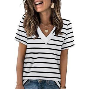 imageSAMPEEL Womens Summer Tops Trendy 2025 Eyelet Crossed V Neck T Shirts Loose Casual Short Sleeve Tshirts Shirts FashionStriped White