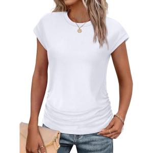 imageSAMPEEL Womens Summer Tops Trendy 2025 Ruched Cap Short Sleeve Tshirts Shirts Crew Neck T Shirts FashionAll White