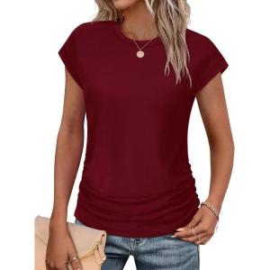 imageSAMPEEL Womens Summer Tops Trendy 2025 Ruched Cap Short Sleeve Tshirts Shirts Crew Neck T Shirts FashionBurgundy
