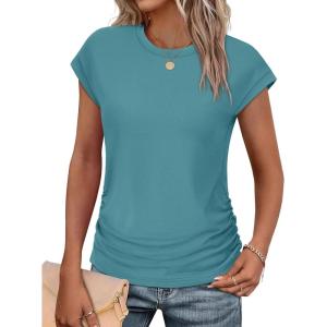 imageSAMPEEL Womens Summer Tops Trendy 2025 Ruched Cap Short Sleeve Tshirts Shirts Crew Neck T Shirts FashionCadet Blue