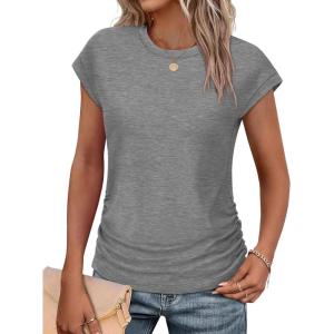 imageSAMPEEL Womens Summer Tops Trendy 2025 Ruched Cap Short Sleeve Tshirts Shirts Crew Neck T Shirts FashionGrey