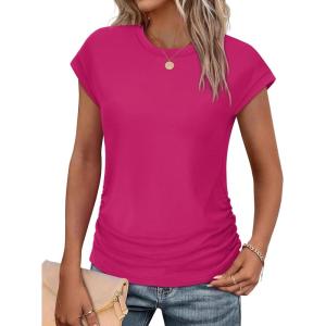 imageSAMPEEL Womens Summer Tops Trendy 2025 Ruched Cap Short Sleeve Tshirts Shirts Crew Neck T Shirts FashionHot Pink