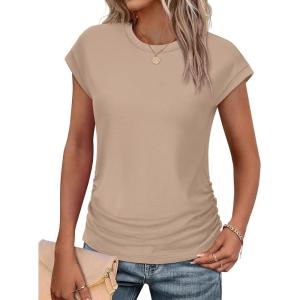 imageSAMPEEL Womens Summer Tops Trendy 2025 Ruched Cap Short Sleeve Tshirts Shirts Crew Neck T Shirts FashionKhaki