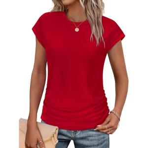 imageSAMPEEL Womens Summer Tops Trendy 2025 Ruched Cap Short Sleeve Tshirts Shirts Crew Neck T Shirts FashionRed