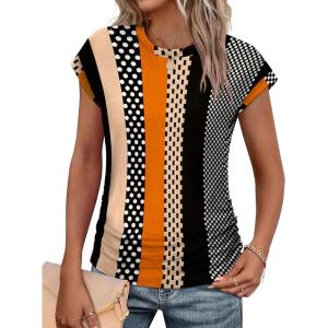 imageSAMPEEL Womens Summer Tops Trendy 2025 Ruched Cap Short Sleeve Tshirts Shirts Crew Neck T Shirts FashionStripe and Polka Dot