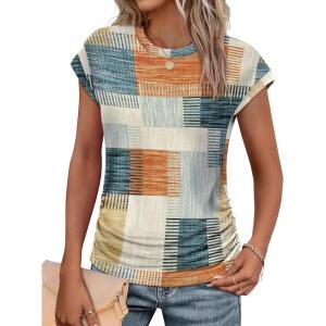 imageSAMPEEL Womens Summer Tops Trendy 2025 Ruched Cap Short Sleeve Tshirts Shirts Crew Neck T Shirts FashionStylish Plaid