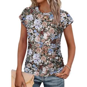 imageSAMPEEL Womens Summer Tops Trendy 2025 Ruched Cap Short Sleeve Tshirts Shirts Crew Neck T Shirts FashionUnique Floral Black