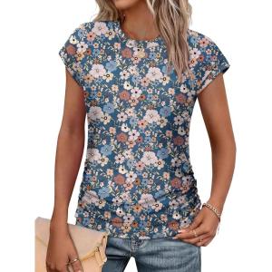 imageSAMPEEL Womens Summer Tops Trendy 2025 Ruched Cap Short Sleeve Tshirts Shirts Crew Neck T Shirts FashionUnique Floral Blue