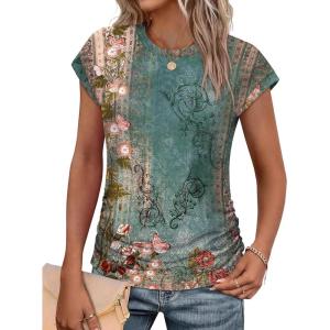 imageSAMPEEL Womens Summer Tops Trendy 2025 Ruched Cap Short Sleeve Tshirts Shirts Crew Neck T Shirts FashionUnique Floral Green